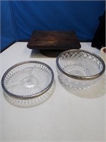 2 silver plate rimmed pattern glass serving pieces