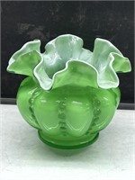 Fenton Green Cased Beaded Ruffled Vase
