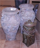 Pair of 16"H clay vases & square art pottery