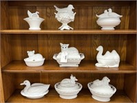 9 Milk Glass Covered Dishes w/ Animals and Birds