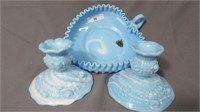 Fenton blue swirl embossed roses candleholders and