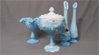 Fenton blue swirl roses compote and hobnail compoe