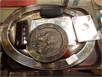 PLATED TRAY, COINS, GLASSES & GLASSES CASES