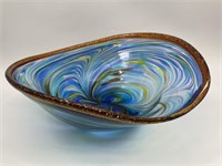 Large Hand Blown Art Glass Swirl Bowl w/ Gold