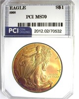 2008 Silver Eagle PCI MS70 Golden Toning