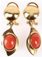 INSET CORAL 18K YELLOW GOLD LADIES EARRINGS