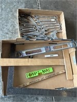 2 BOXES MISC TOOLS--WRENCHES, LEVEL, SQUARE