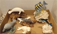 CORAL W/FISH, MANATEES, DOLPHIN FIGURINES, SEAL