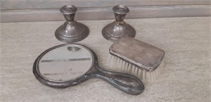 Sterling Silver Brush, Mirror and Candle holders,