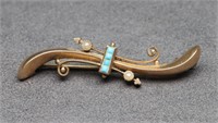 Victorian 14K Gold, Turquoise & Pearl Bar Pin