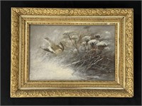 Oil on Board Painting - Winter Scene with Bird