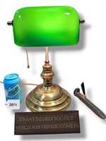 Vintage Bankers Lamp Green Glass Pen Holder Sign