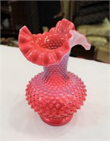 Large Fenton cranberry hobnail vase