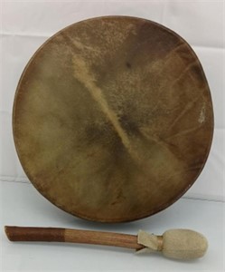 15" animal skin drum with wood paddle