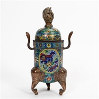 CHINESE CLOISONNE DRAGON LIDDED FOOTED CENSER