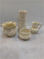 (4) Belleek Pieces - Cream, Sugar, Vases