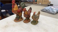 Two Vintage Roosters, and Hen.