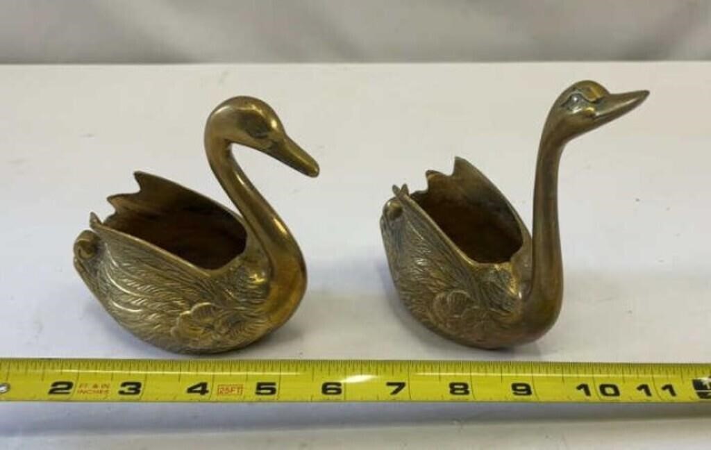 2-Vintage Solid Brass Swan Planters