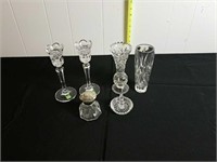 ASSTD CRYSTAL GLASS: CANDLE STICKS, VASE, ETC