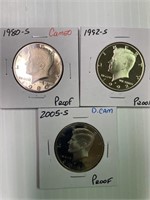 1980-S, 92-S, 05-S Proof Kennedy x3