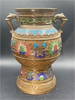 Antique Japanese Brass Champleve Enamel Vase