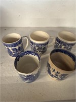 S/5 Vintage/Antique Willow/Blue Transferware Mugs