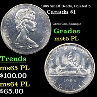 1965 Small Beads, Pointed 5 Canada Dollar $1 Grade