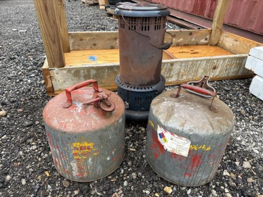 Two fuel cans and a heater