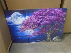 Purple Tree Lake Moon Night Canvas Wall Art Set