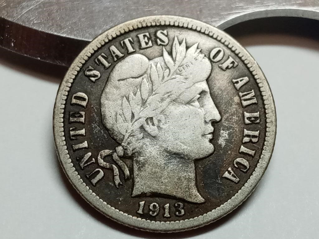 OF) 1913 full liberty silver Barber dime