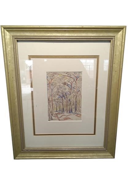 Gold Framed Watercolor Painting of Trees