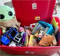 Toys Lot in Large Storage Tote Books, Baby Yoda,