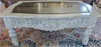 MARBLE TOP CARVED DISTRESSED COFFEE TABLE
