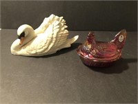Fenton nesting chicken & musical swan