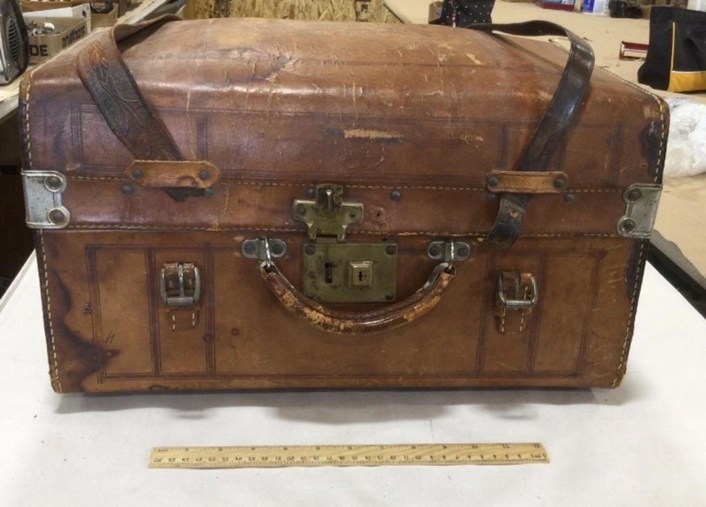 Sold at Auction: Sole Leather Steel Springs 1800s Travel Bag
