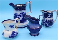 4 19TH C. FLO BLUE PITCHERS & CREAMERS, 4 3/4" -