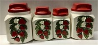 VINTAGE 4 RED STRAWBERRY CANISTERS