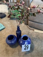 2 Blue Ceramic Vases with 1 Glass Vase with Faux