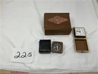 2  travel clocks and jewelry box