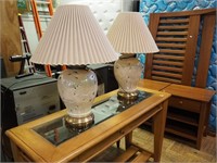 Pair of pearlized pottery lamps with brass