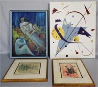 4 Pc Modernist Painting Lot Oils & Watercolors