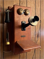 Antique Oak Wooden Telephone w Crank