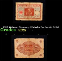 1920 Weimar Germany 2 Marks Banknote P# 59 Grades