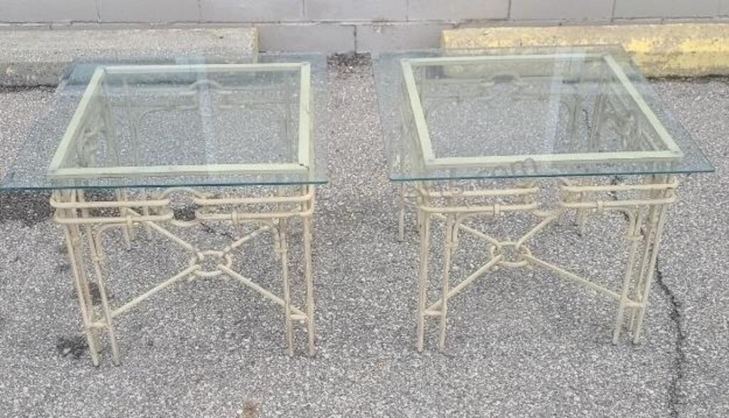 Iron and beveled glass side tables. 21×26×26
