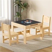 Kids Table and Chair Set, 3 in 1 Solid Pine Wood