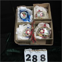 Large decorated Christmas ornaments.