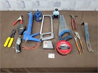 Saw, wire stripper, pry bar, 2 cycle oil, fencer