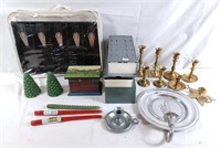 Brass candle holders, cash box, candles, and