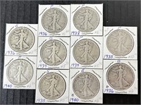 (A) 1935-1940 Walking Half Dollars. Face Value $5