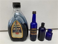 3 x Blue Bottles and Labelled Swan Ink Bottle